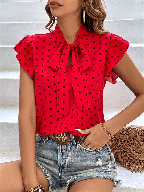 Polka Dot Print Tie Neck Butterfly Sleeve Blouse Shein Usa