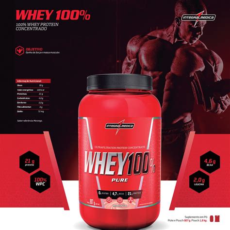 Whey Protein 100 Pure Morango Integral Médica 900g