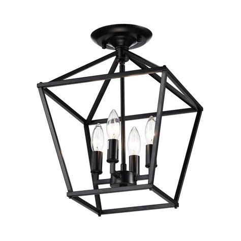 Edvivi Renzo 12 In 4 Light Matte Black Cage Lantern Farmhouse Semi Flush Mount Esl1335bk The