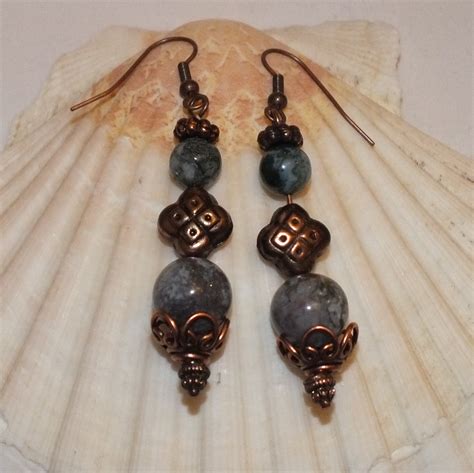 Antiqued Copper Earrings With Indian Agate Beads And Copper Spacers