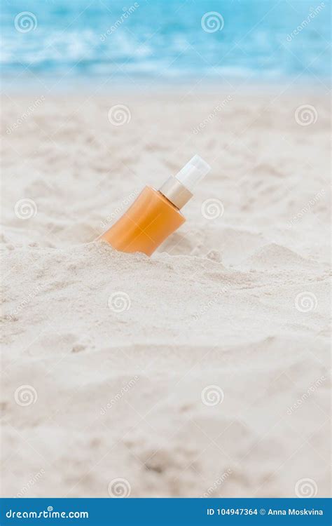 Sunscreen Sunblock Spf Cream On The Sea Beach Sand Summer Tropic Stock