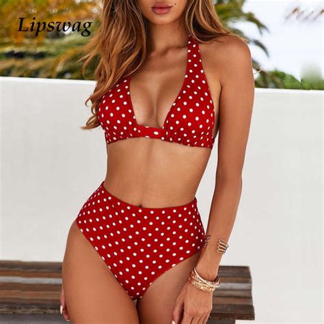 Sexy High Waist Dot Print Bikini Swimwear Women Halter Push Up Bikini Set Swimsuit Female