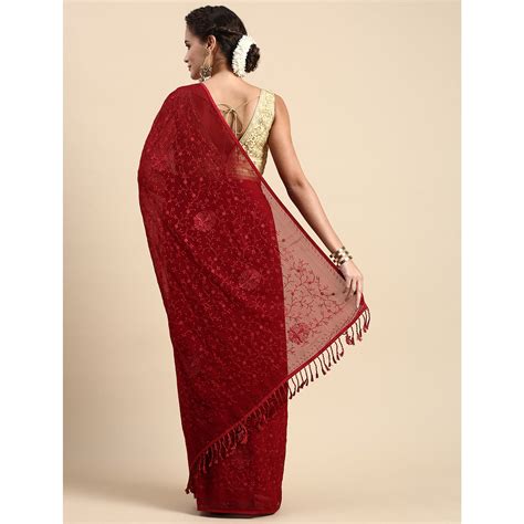 Maroon Floral Embroidered Zomato Silk Saree