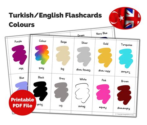 Learn Turkish Colours Printable Flashcards In English And Etsy Uk