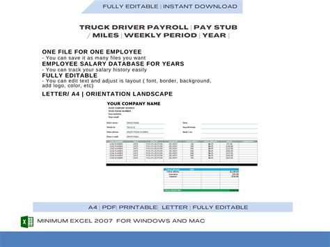 Truck Driver Pay Roll Earning Statement Template Pay Slip Creator For Truck Driver Mile Excel