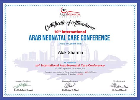 10th Arab Neonatal Care Conference Speaker Certificate Dr Alok Sharma Ppt