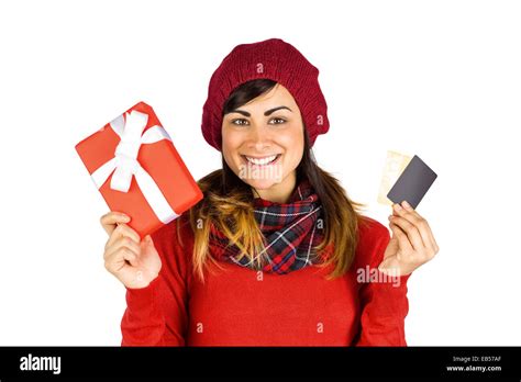 Happy Brunette Holding Gift And Cards Stock Photo Alamy