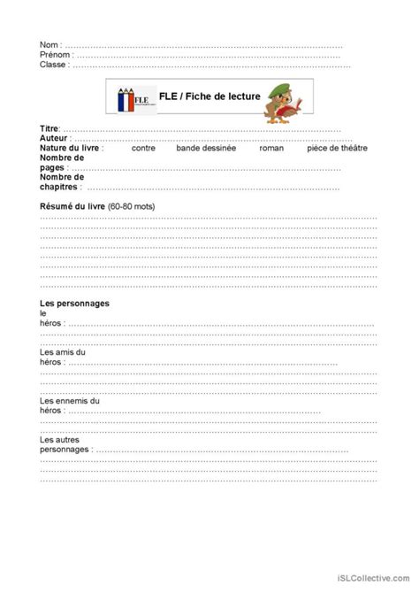 Fiche De Lecture Compr Hension G N Fran Ais Fle Fiches Pedagogiques