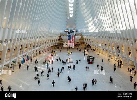 January 16, 2023 - New York, NY, USA: Inside of One World Trade Center Oculus building at ...