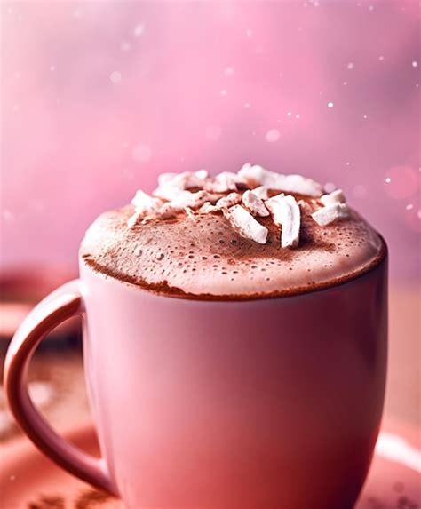 Premium AI Image Cup Of Hot Chocolate Pink Background Generative Ai