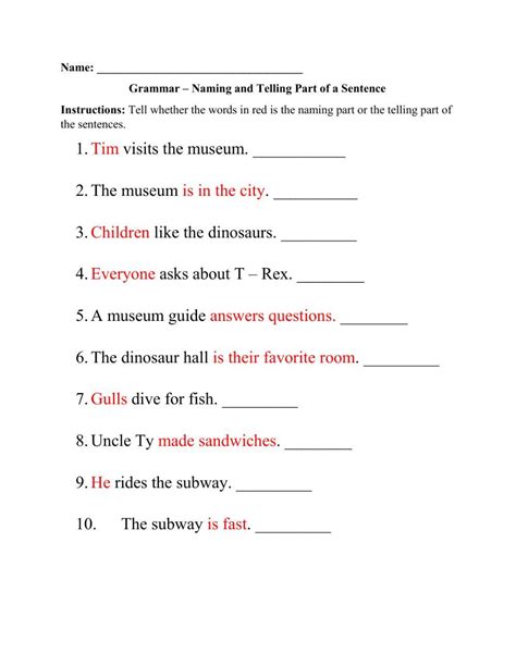 Naming And Telling Parts Of A Sentence Worksheet Live Worksheets