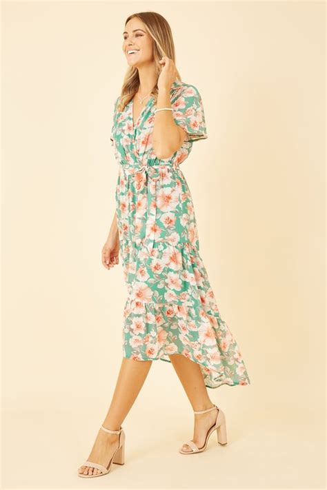 Green Floral Wrap Dress With Tiered Dipped Hem