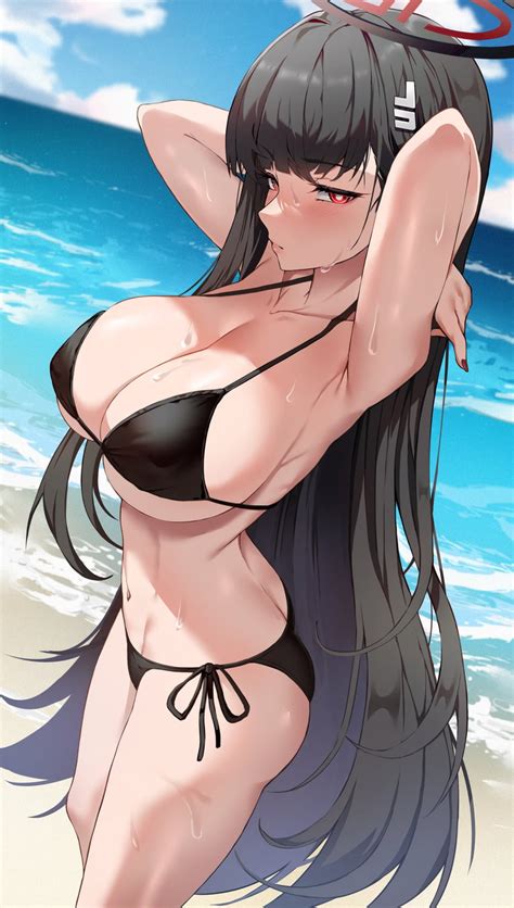 Rule 34 Artist Request Beach Bikini Black Bikini Black Hair Black Swimsuit Blue Archive Blush