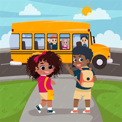Un Niño Y Una Niña Caminando Por La Acera Con Un Autobús Escolar Al