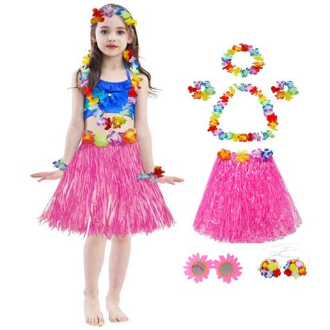 Buy Ricjurzztyhawaiian Grass Hula Skirt With Flower Costume Set For Girls Luau Party Hawaiian