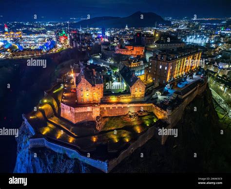 Night Aerial View Of Edinburgh Castle Edinburgh Scotland Uk Stock