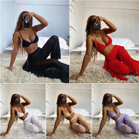 Womens Three Piece Bikini Personality Sexy See Through Ruffle Pants Bikini Set Beachwear