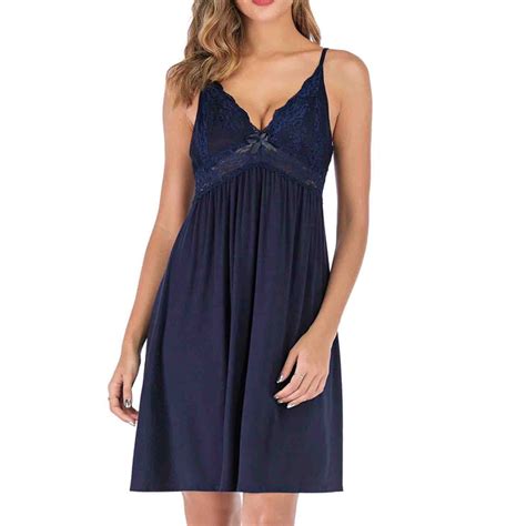 Caijunjia Silk Nightgown For Woman Lace Trim Sleep Dress Babydoll Lingerie Dress Side Split