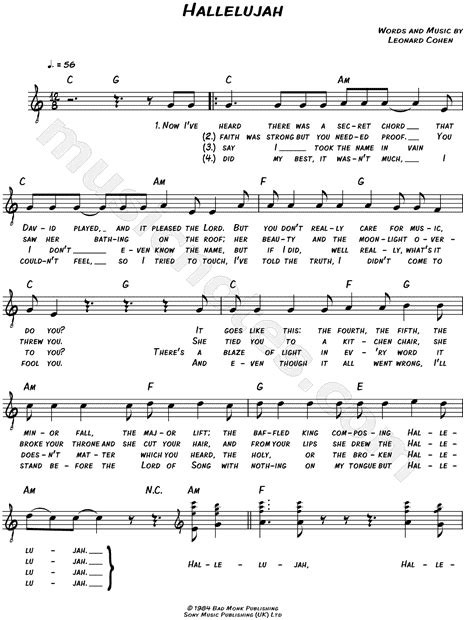 Leonard Cohen Hallelujah Sheet Music Leadsheet In C Major Transposable Download Print Artofit