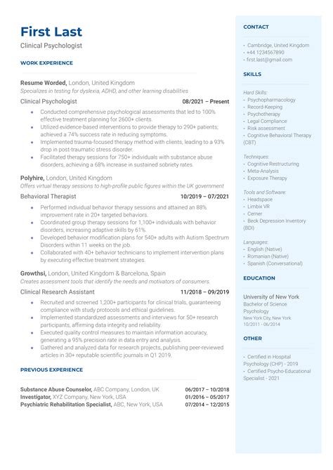 Clinical Psychologist Resume Examples for 2025 | Resume Worded