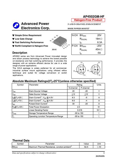 AP4502GM HF Advanced Power Electronics MOSFET Hoja De Datos Ficha