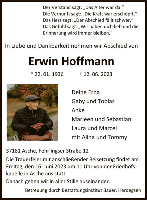 Traueranzeigen Von Erwin Hoffmann Trauer HNA De