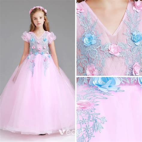 Chic Beautiful Blushing Pink Flower Girl Dresses 2017 Ball Gown V Neck Short Sleeve Appliques