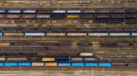 Aerial View Of Colorful Freight Trains On The Railway Station Stock