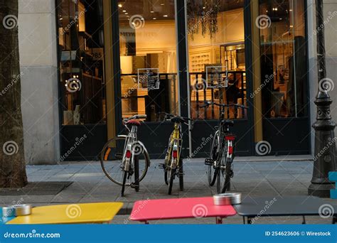 Bicycles Parked In Front Of A Building Entrance In Paris Editorial