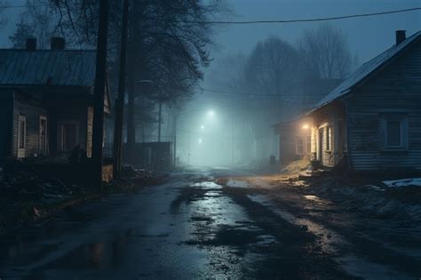 Uma cidade fantasma vazia iluminada lâmpadas de rua iluminando a