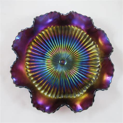 Antique Northwood Stippled Rays Amethyst Carnival Glass Ruffled Bowl Carnival Glass