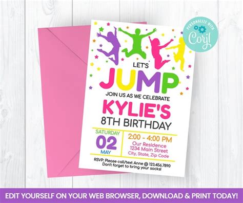 Editable Lets Jump Invitation For Girl Bright Color Self Editing