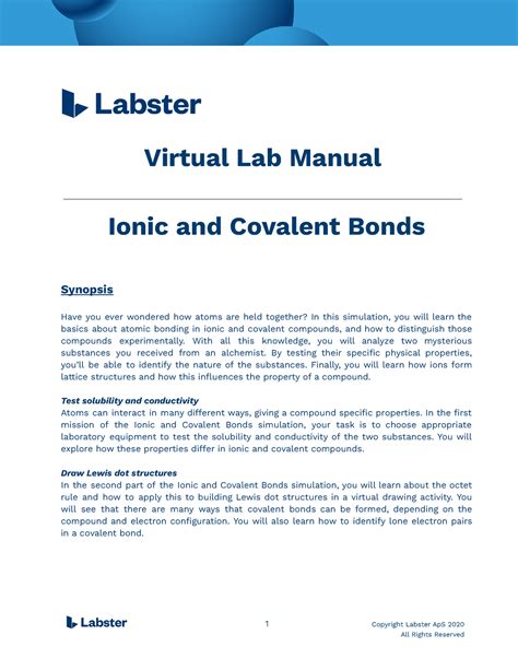 Lab Manual Ionic And Covalent Bonds Virtual Lab Manual Ionic And