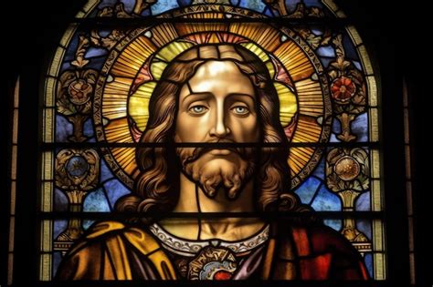 Premium Ai Image Stained Glass Window Featuring The Face Of Jesus In A Medieval Church Created