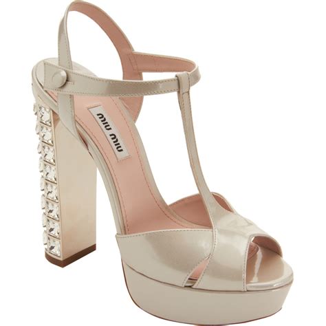 Miu Miu Tstrap Jeweled Heel Sandal In Gold Silver Lyst