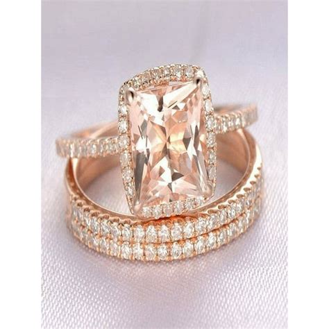 2 Carat Morganite And Diamond Trio Wedding Bridal Ring Set In 10k Rose Gold With One Engagement