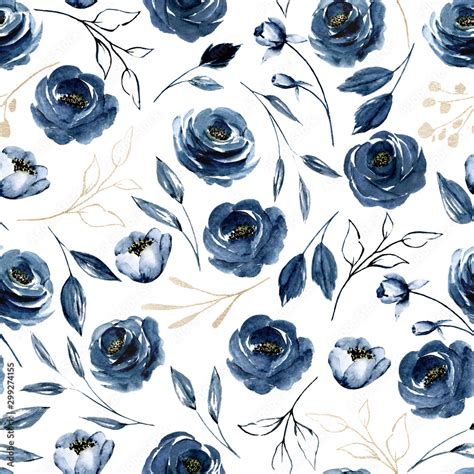 Seamless Pattern With Watercolor Flowers Navy Blue Roses Repeat Floral