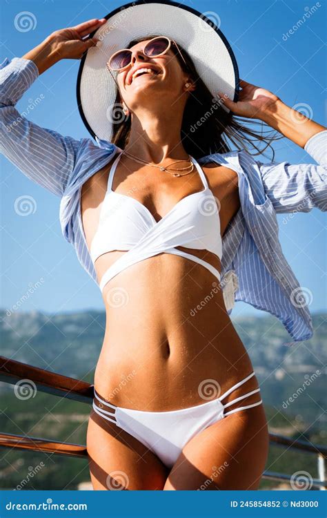 Woman In Bikini Enjoying Summer Vacation On Beach Stock Photo Image Of Happy Bikini