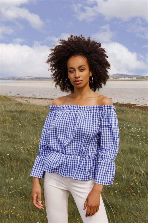 Gingham Bardot Top In Blue Carraig Donn