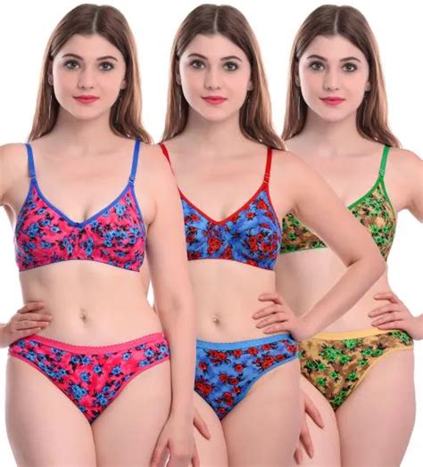 Buy In Curve Women Cotton Bra Panty Set For Lingerie Set Pack Of 3 Color Red Blue Brown