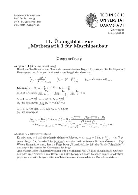 Übungsblatt Zur Mathematik I Für Maschinenbau Fachbereich Mathematik