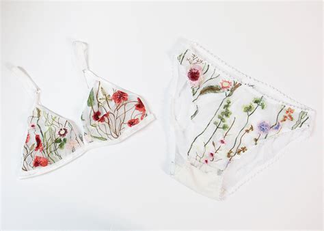 Embroidered Floral Lingerie Set Triangle Bra White Bralette Etsy