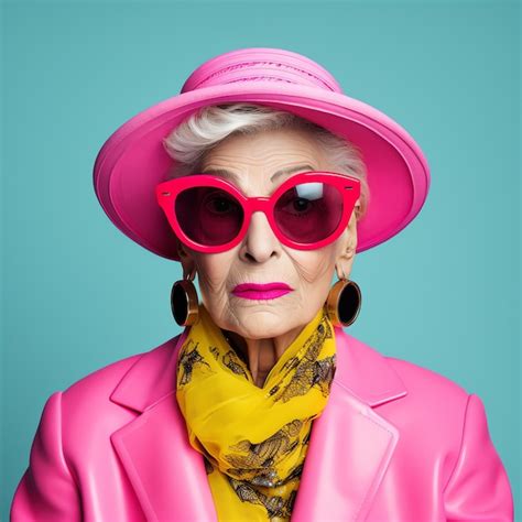 Premium Photo An Old Woman Wearing Pink Sunglasses And A Hat