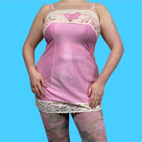 Vintage S Pastel Pink Slip Lingerie Dress With White Lace Details Pink Butterfly Etsy
