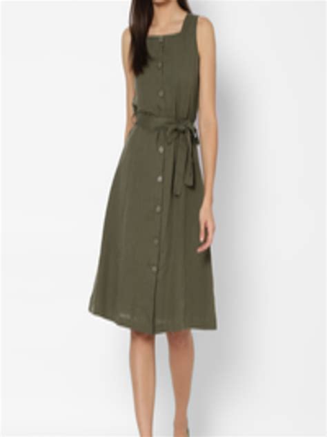 Buy Allen Solly Woman Women Olive Green Pure Cotton Solid Fit And Flare Dress Dresses For