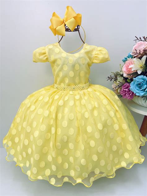 Vestido Infantil Amarelo Bolinhas Cinto Strass P Rolas Luxo Rosa