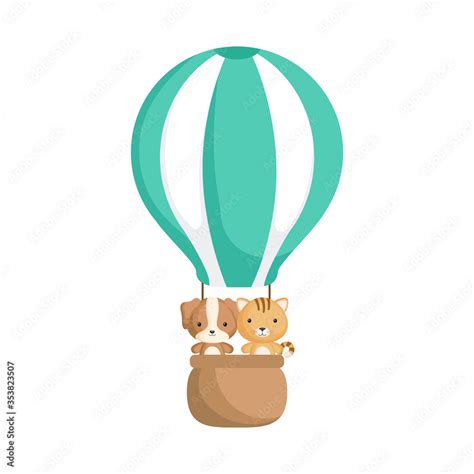 Cute Baby Dog And Cat In The Hot Air Balloon Graphic Element For