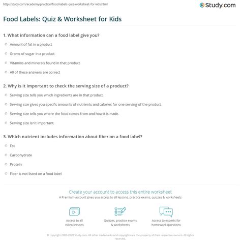 Food Labels: Quiz & Worksheet for Kids | Study.com