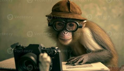 Monkey wearing glasses holding a camera poses for a photo, 30589024 ...