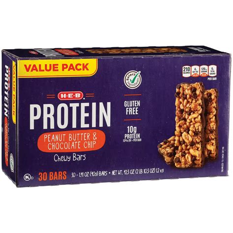 H E B 10g Protein Chewy Bars Peanut Butter And Chocolate Chip Texas Size Pack Shop Granola